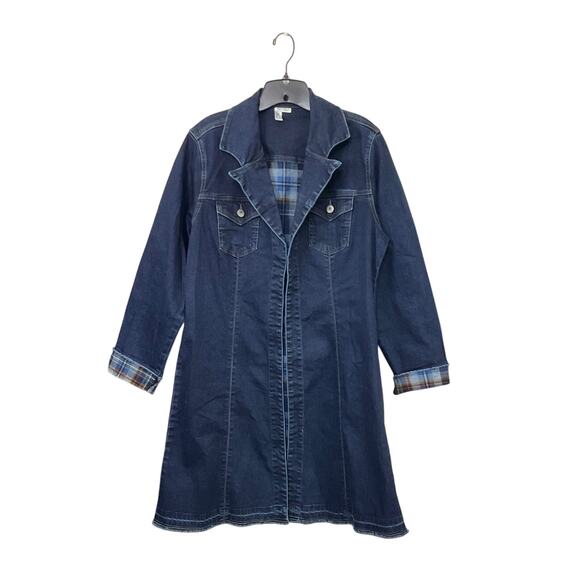 ETHYL Womens Denim Blue Open Front Jacket Plaid Raw Hem Duster Sz Large Pockets - Picture 1 of 7